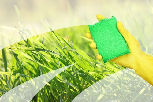 Professional house cleaning supplies in a modern kitchen