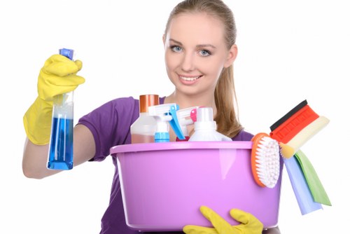 Protective gear and cleaning tools arranged safely